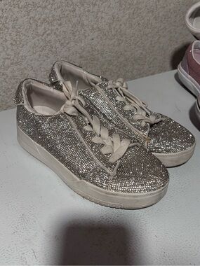 Jessica Simpson Silver Crystal Embellished Lace-Up Sneakers